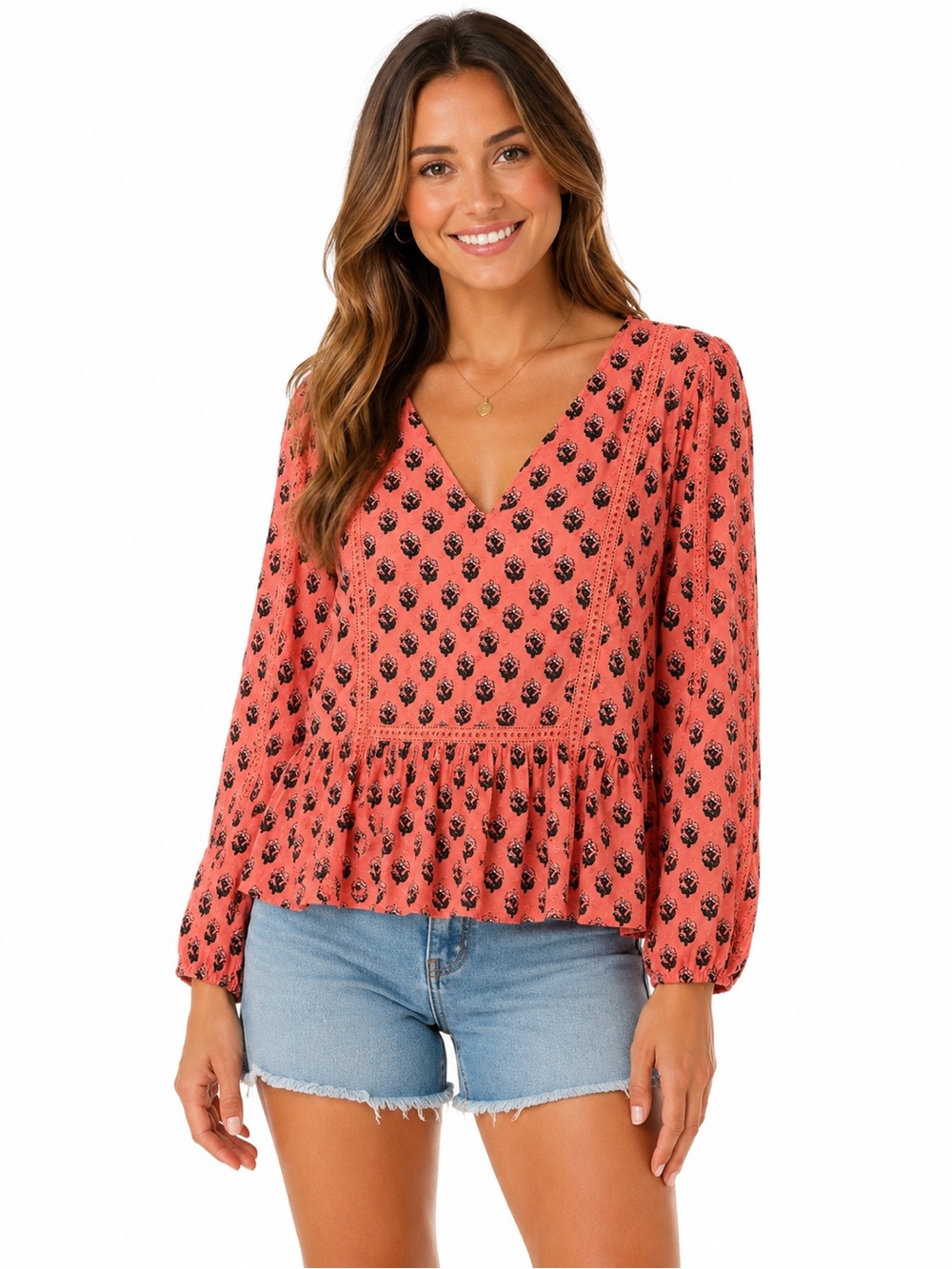 LOFT XL Coral Printed Peplum Top Bohemian V Neck Rayon Blouse Cottagecore Boho
